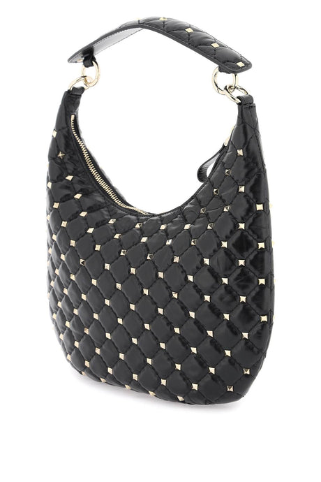 VALENTINO GARAVANI Small Rockstud Spike Quilted Leather Hobo Handbag in Black