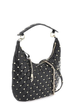 حقيبة هوبو صغيرة بتصميم 'Rockstud Spike' من الجلد المخطط الأسود للنساء