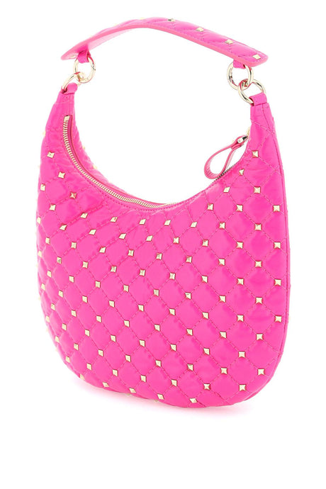 VALENTINO GARAVANI Small Quilted Leather Rockstud Spike Hobo Handbag in Pink with Convertible Chain Strap