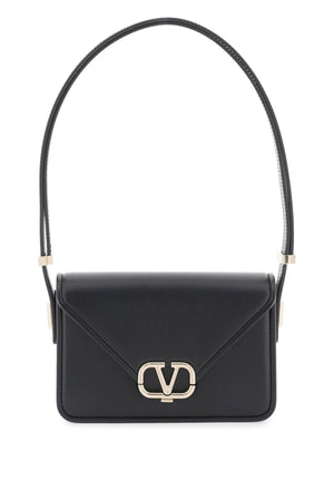 VALENTINO GARAVANI Mini Letter Black Calfskin Shoulder Bag with Platinum VLogo - 19x12x6 cm