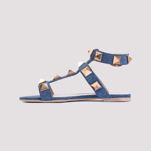 VALENTINO GARAVANI Blue Cotton Sandals with Stud Accents for Women, SS24 Collection