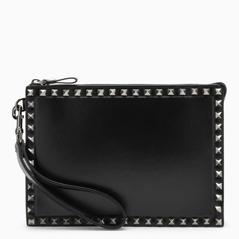 VALENTINO GARAVANI Studded Black Leather Envelope Clutch for Men - FW23 Collection