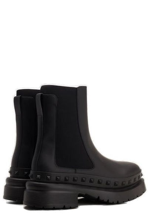 VALENTINO Men's Black Leather Rockstud Chelsea Boots for FW23