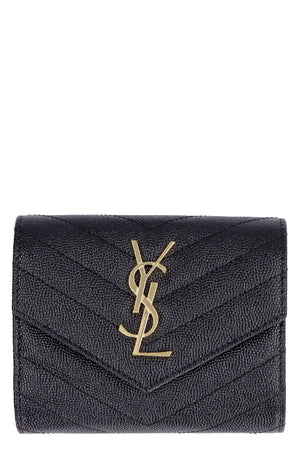 Black Grain Leather Compact Wallet with YSL Metal Initials