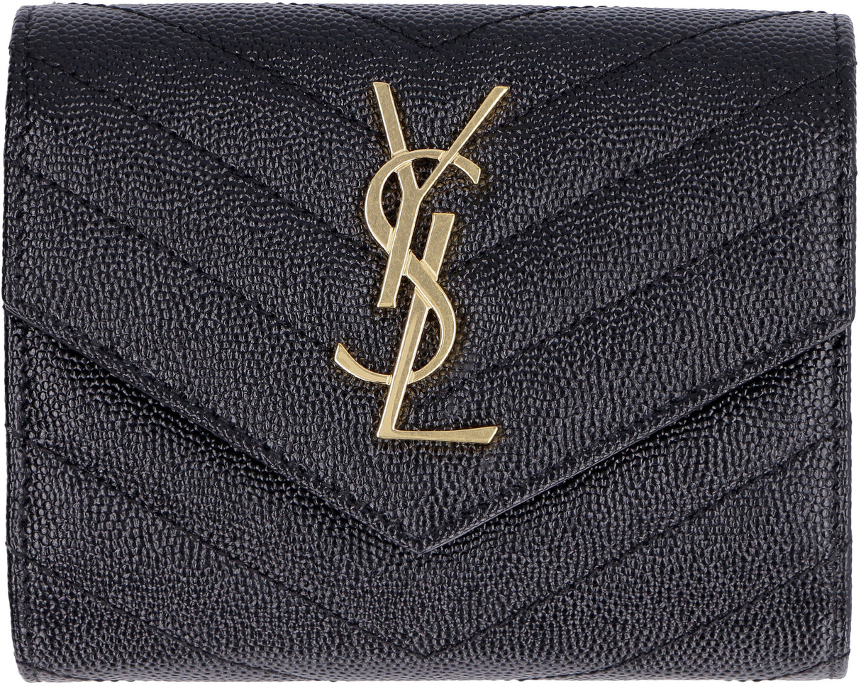 Black Grain Leather Compact Wallet with YSL Metal Initials