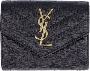 Black Grain Leather Compact Wallet with YSL Metal Initials