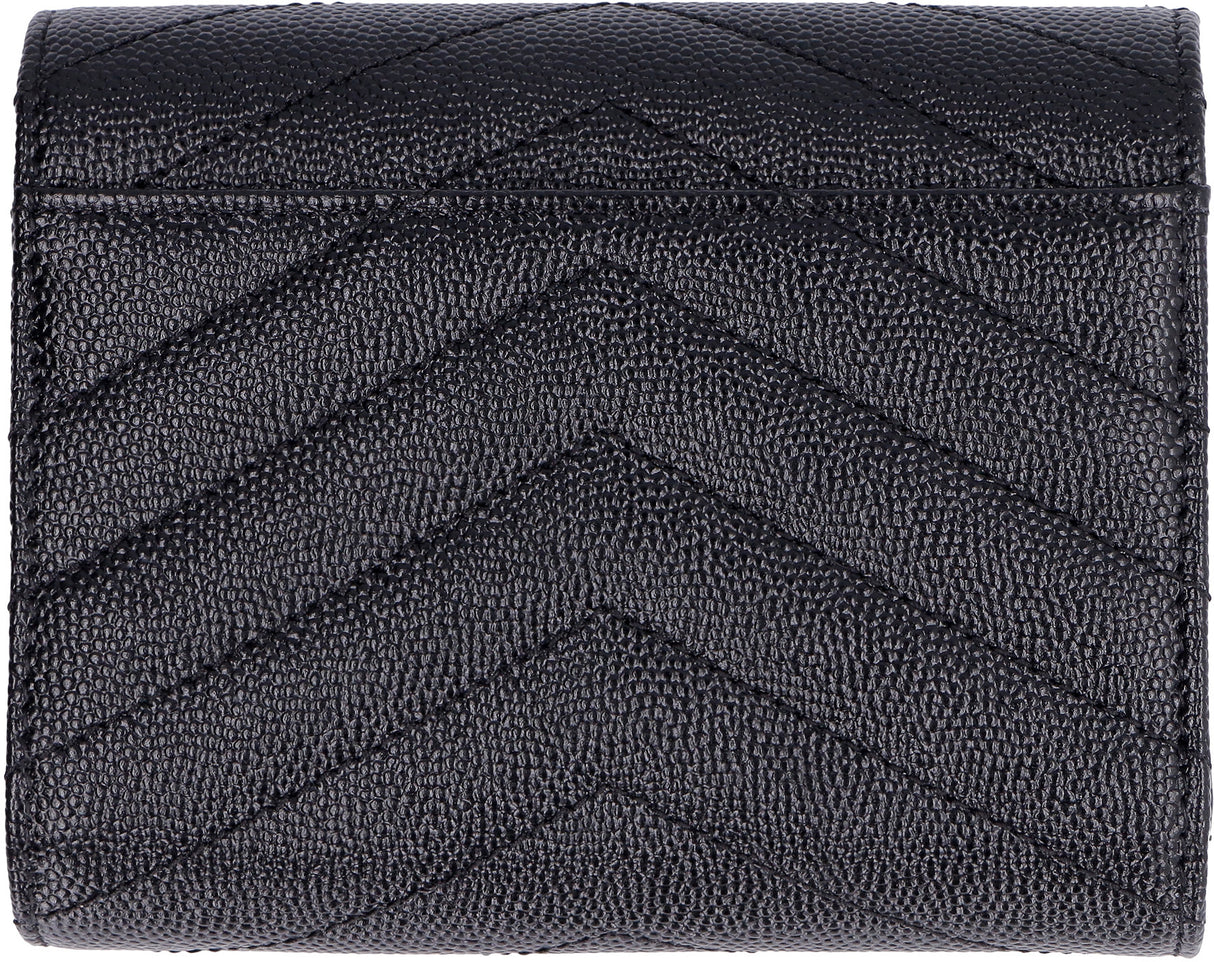 Black Grain Leather Compact Wallet with YSL Metal Initials