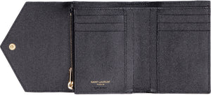 Black Grain Leather Compact Wallet with YSL Metal Initials