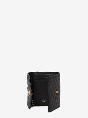 Black Grain Leather Compact Wallet with YSL Metal Initials