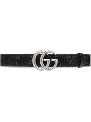 GUCCI Men's Black Embossed Leather Belt with Palladium Double G Buckle