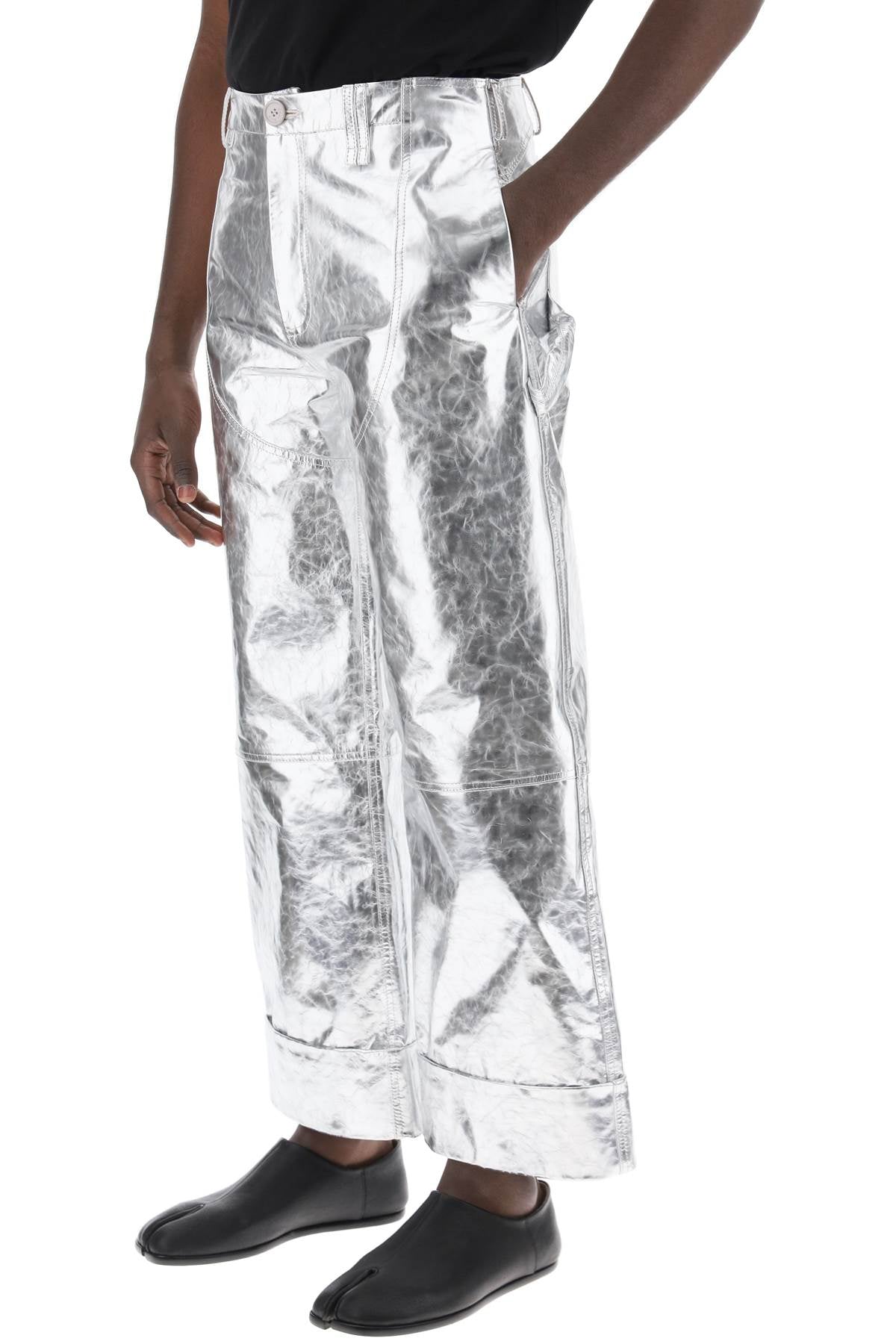 SIMONE ROCHA Men's Silver Laminated Leather Pants with Wide Cropped Hem