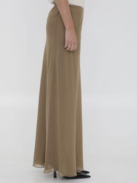 浅棕色真丝雪纺裙，配有细条纹腰带和侧拉链