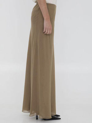 浅棕色真丝雪纺裙，配有细条纹腰带和侧拉链