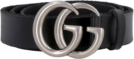 Stylish Men's Black Leather Belt with Antiqued Silver-Tone Double G Buckle