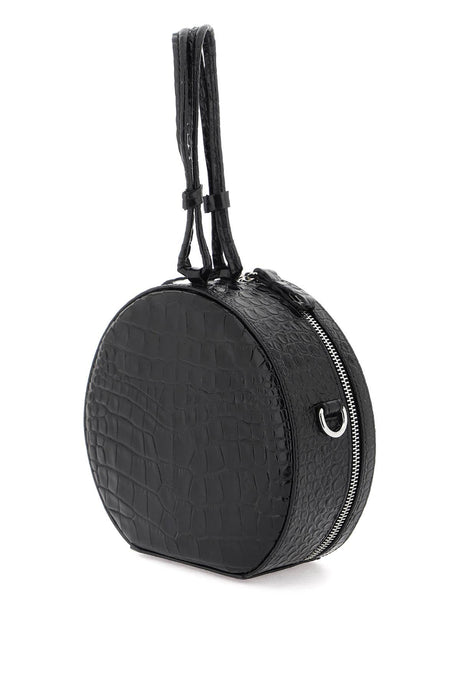ラウンド型の黒色クロコエンボスレザーハンドバッグ