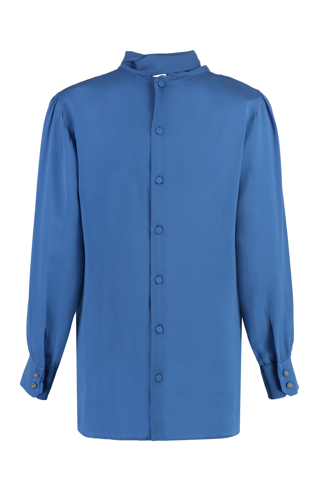 藍色襯衫連胸撇騰絲結和標誌細節鈕扣