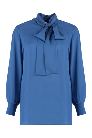 GUCCI Blue Georgette Pussy-Bow Shirt with Logo Detail Buttons and Buttoned Cuffs