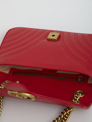 Stunning Red Leather Shoulder Bag with Quilted Chevron Pattern and Aged Gold Hardware