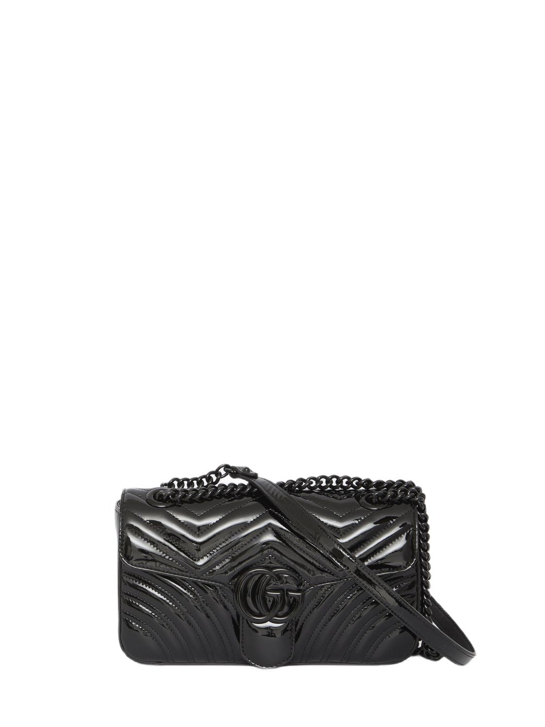 GUCCI Black Patent Leather Mini Shoulder Bag with Quilted Design and Chain Strap 26cm