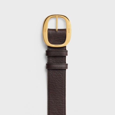 Dark Brown Leather Belt with Gold Logo Buckle for Women