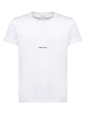 SAINT LAURENT Optic White Cotton T-Shirt for Men with Printed Brand Logo on Chest