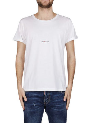 SAINT LAURENT Optic White Cotton T-Shirt for Men with Printed Brand Logo on Chest