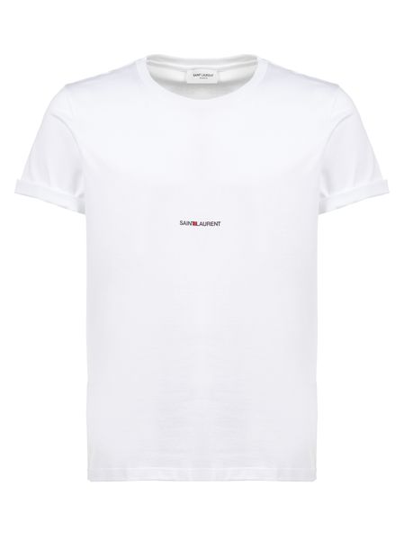 SAINT LAURENT Men's White Logo Print Cotton T-Shirt with Cuffed Sleeves