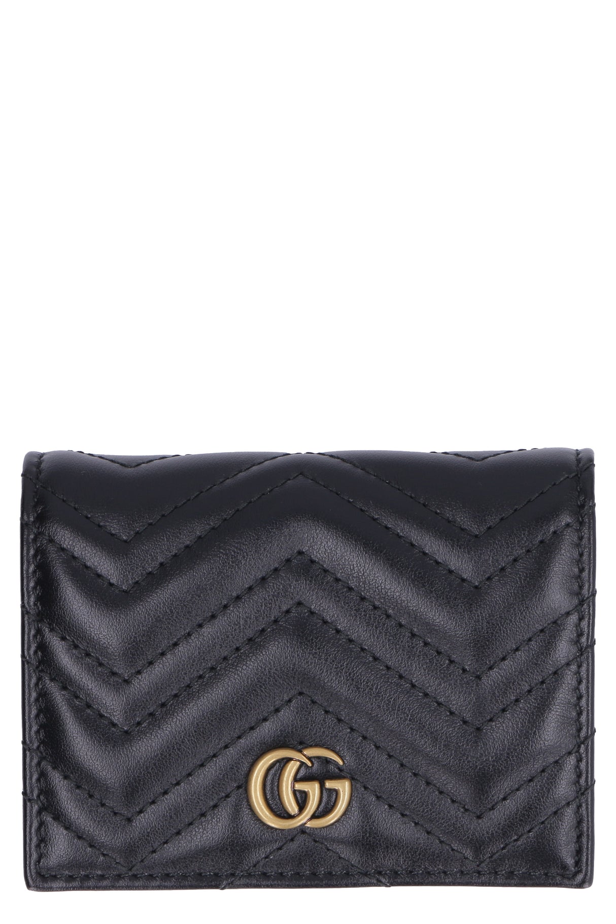 GUCCI Women's Black Matelassé Leather Wallet with Chevron Motif and Gold-Tone Metal Detail