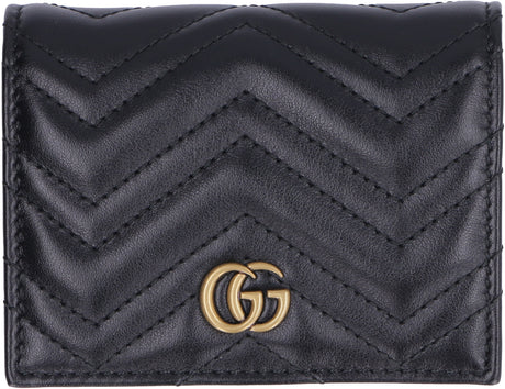 GUCCI Women's Black Matelassé Leather Wallet with Chevron Motif and Gold-Tone Metal Detail