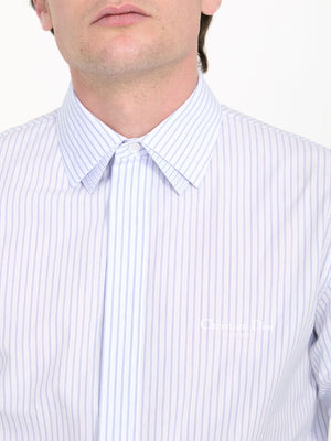 DIOR HOMME Blue Striped White Cotton Poplin Shirt with Christian Dior Couture Print