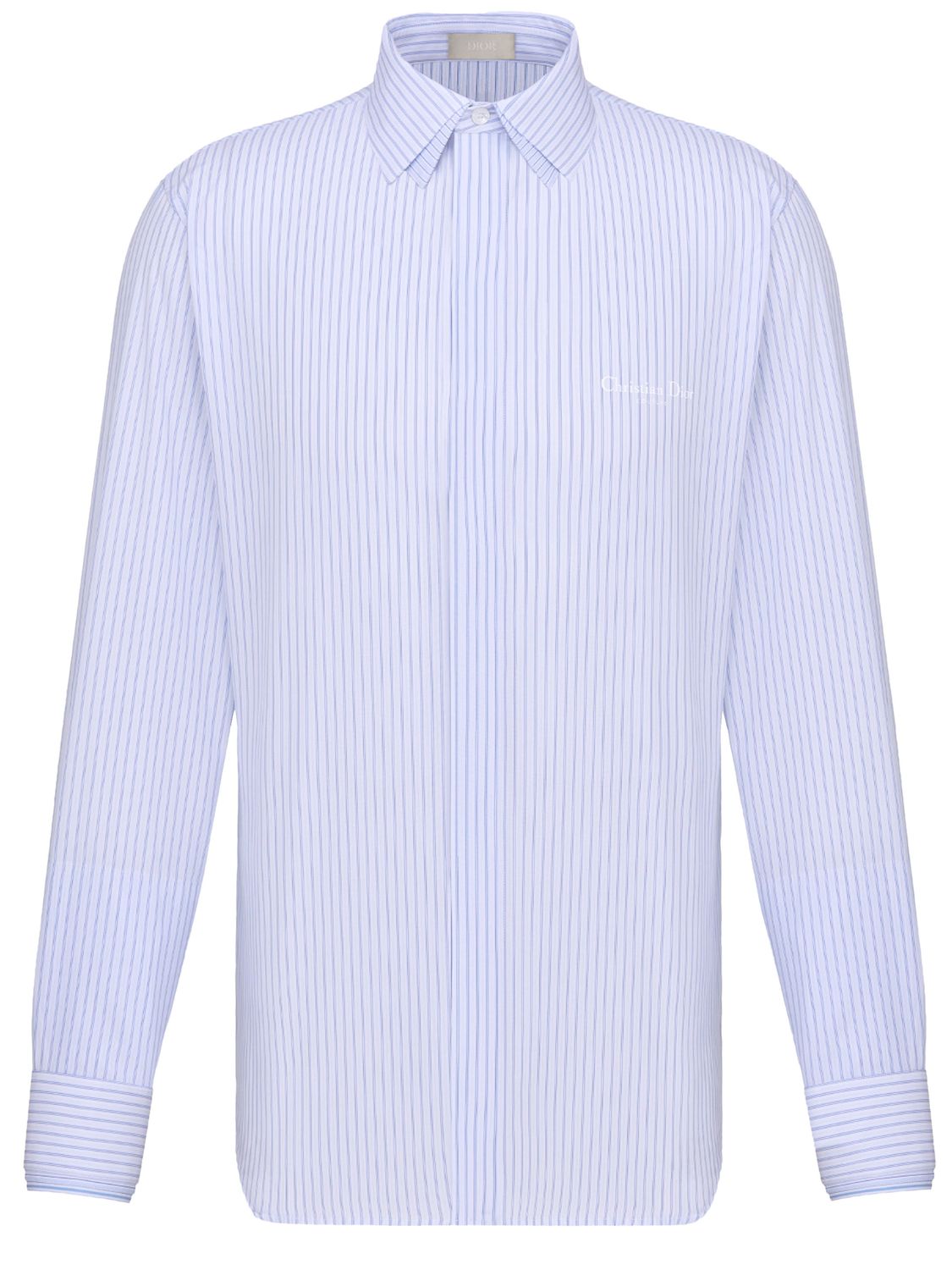 DIOR HOMME Blue Striped White Cotton Poplin Shirt with Christian Dior Couture Print