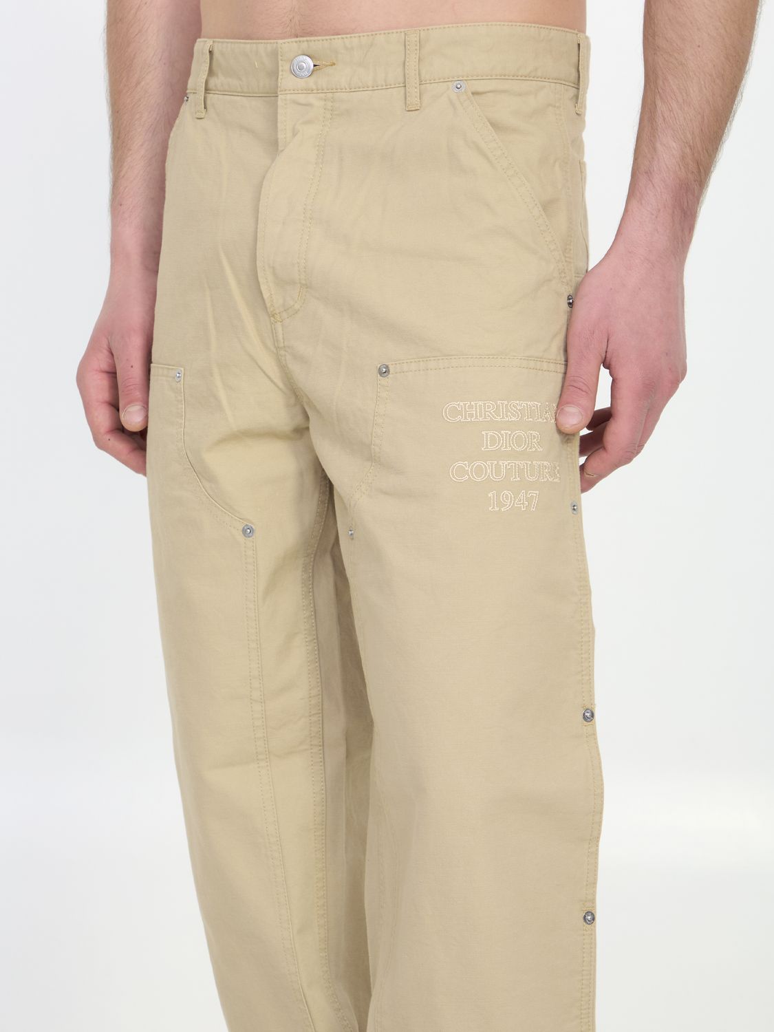 DIOR HOMME Embroidered Carpenter Jeans in Beige