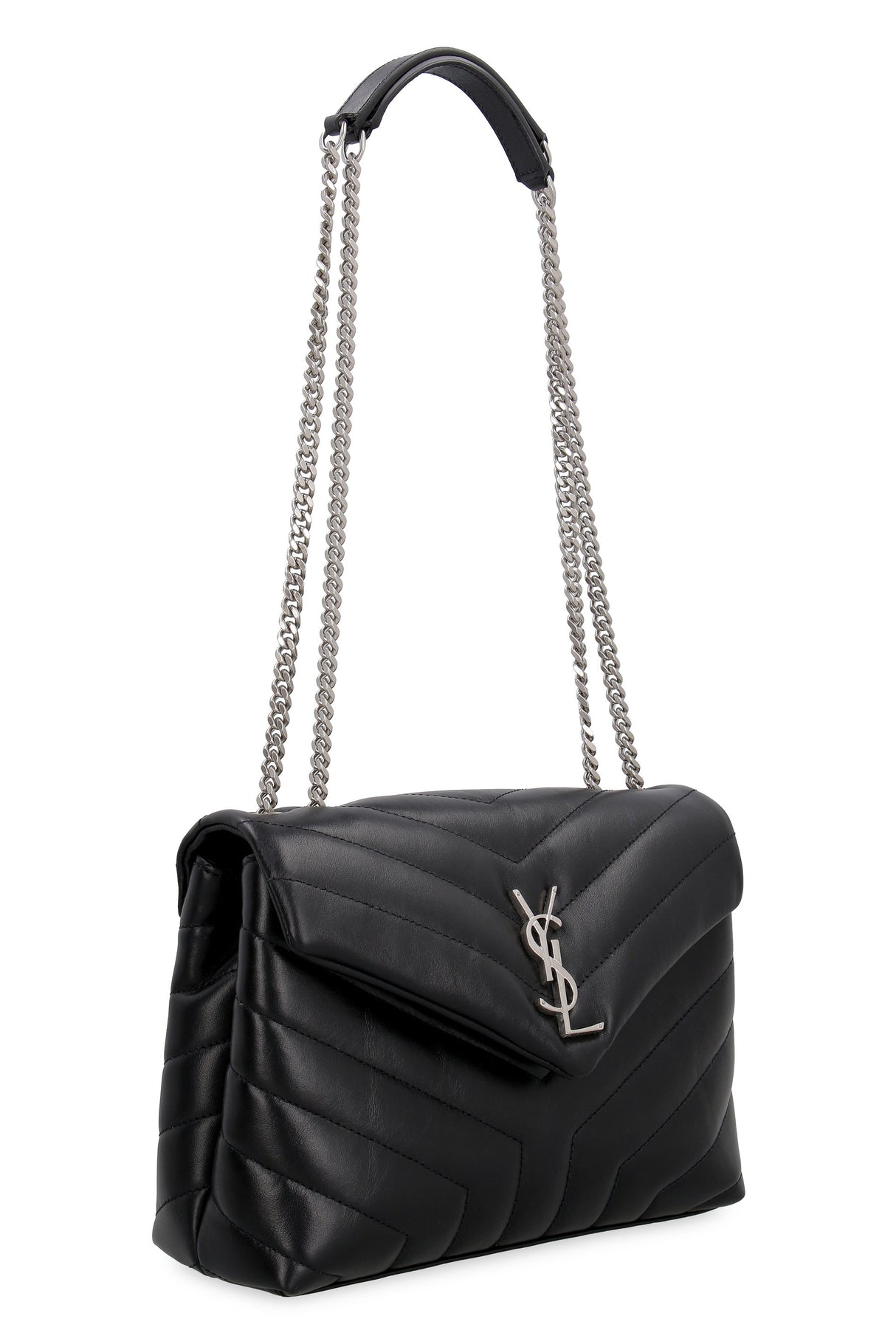 SAINT LAURENT "Black Quilted Mini Loulou Shoulder Bag with Silver Chain Strap