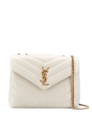 SAINT LAURENT LouLou Mini Shoulder Bag in Crema Soft with Quilted Raffia - Women's Fall/Winter Collection