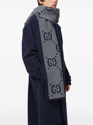 GUCCI Midnight Blue and Ash Grey Wool and Silk Blend Scarf for Men