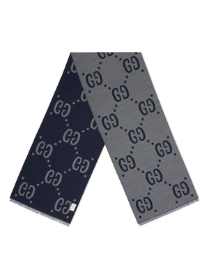 GUCCI Midnight Blue and Ash Grey Wool and Silk Blend Scarf for Men