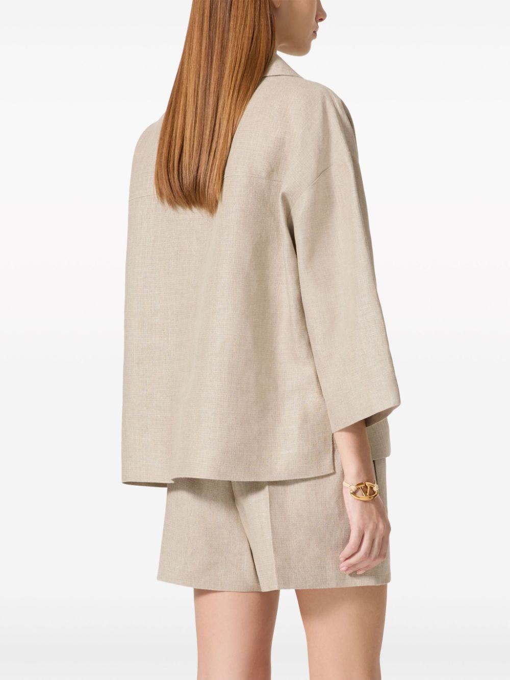 VALENTINO Beige Linen Top with Gold-Tone Logo Plaque and Three-Quarter Length Sleeves