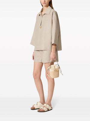 VALENTINO Beige Linen Top with Gold-Tone Logo Plaque and Three-Quarter Length Sleeves