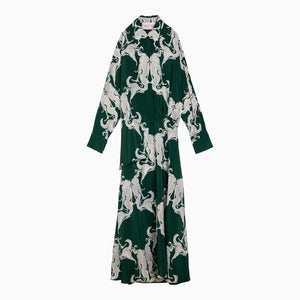 VALENTINO Elegant Ivy Green Silk Shirtdress with Grey Print Accents