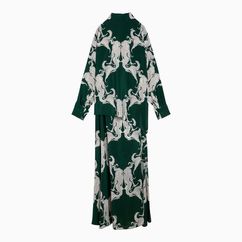 VALENTINO Elegant Ivy Green Silk Shirtdress with Grey Print Accents