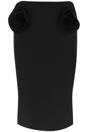 Elegant Black Crepe Couture Pencil Skirt with 3D Rose Appliqués