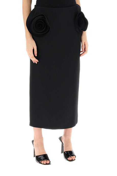 高貴黑色羊絨裙褶體三維玫瑰刺繡筆直裙