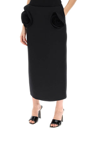 Elegant Black Crepe Couture Pencil Skirt with 3D Rose Appliqués