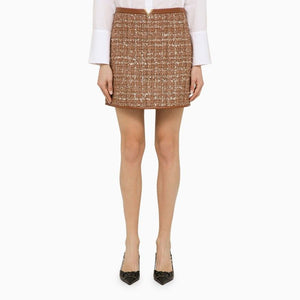 VALENTINO Elegant Gold Detail Mini Skirt in Brown Tweed