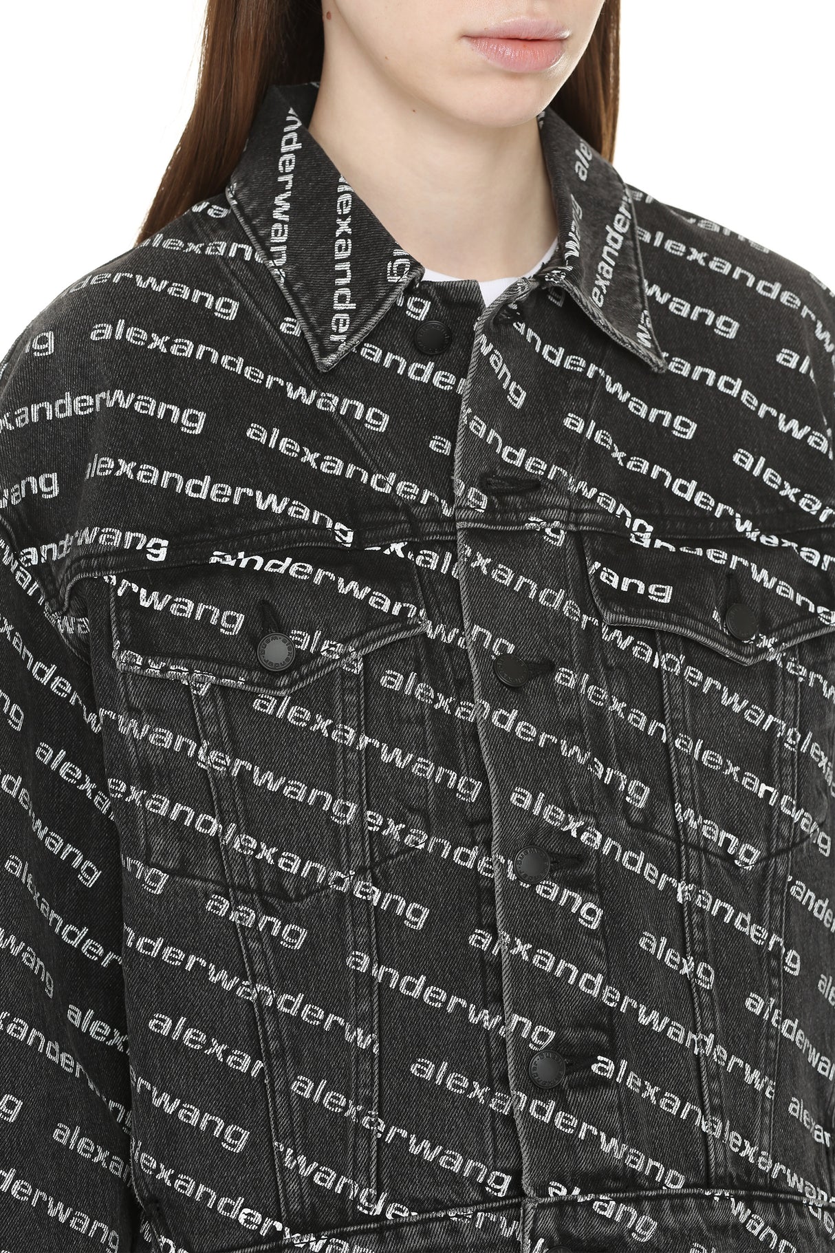 ALEXANDER WANG Printed Denim Jacket - All Over Logo Print, Classic Collar, 100% Cotton