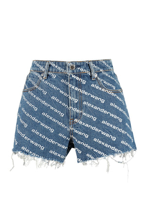 ALEXANDER WANG Bite Denim Shorts with All Over Logo Print and Frayed Hem for Women