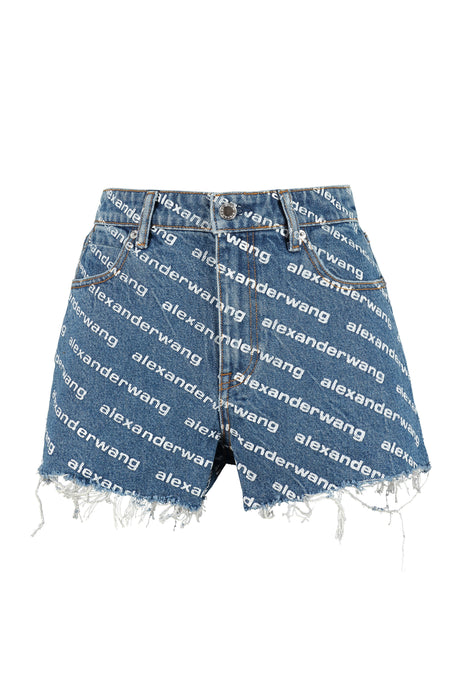 ALEXANDER WANG Bite Denim Shorts with All Over Logo Print and Frayed Hem for Women