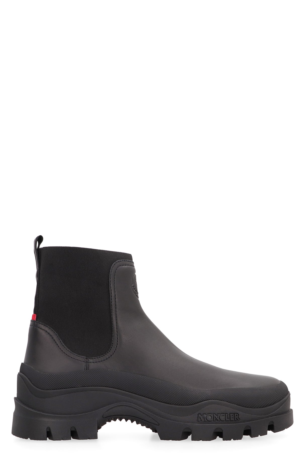 MONCLER Men's Black Leather Chelsea Boots with Embossed Logo and Tricolor Detail