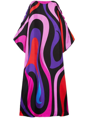 多彩絲綢抽象印花女款開襟長洋裝
