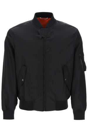 VALENTINO GARAVANI Black Nylon Bomber Jacket with Tone-On-Tone Embellished Flower